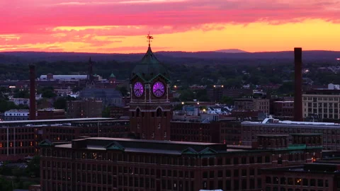 Sunset Drone Shot of Ayer Mill Clock Tower in Lawrence Massachusetts Stock Footage 277915127