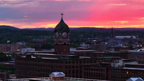 Sunset Drone Shot of Ayer Mill Clock Tower in Lawrence Massachusetts Stock Footage 277915139