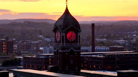 Sunset Drone Shot of Ayer Mill Clock Tower in Lawrence Massachusetts Stock Footage 277915149