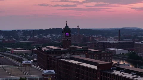 Sunset Drone Shot of Ayer Mill Clock Tower in Lawrence Massachusetts Stock Footage 277915301