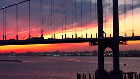 Sunset, Drone shot, Bridge, Bay, Evening glow, Traffic, 4K60p Stock Footage 302955509