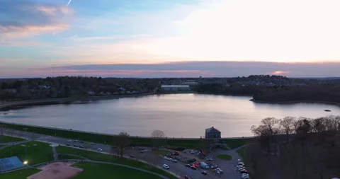 Sunset Drone Shot of Chestnut Hill Reservoir in Boston Stock Footage 277915333