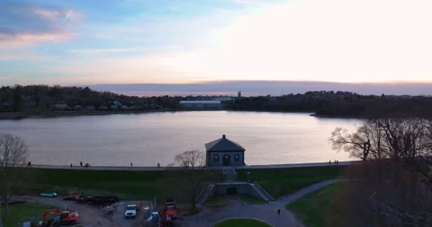 Sunset Drone Shot of Chestnut Hill Reservoir in Boston Stock Footage 277915339