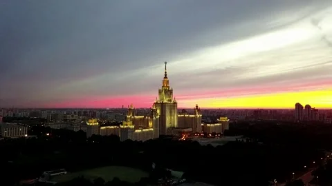Sunset Drone Shot of Moscow State University Skyscraper Stock Footage 297854475