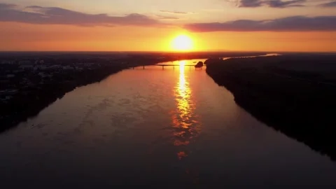 Sunset Drone Shot Over the Danube River with Pupin Bridge in Zemun Serbia Stock Footage 312982072