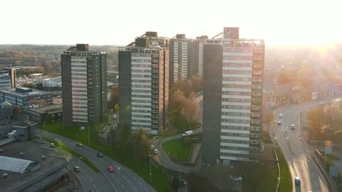 Sunset Drone shot of Rochdale Tower blocks  Seven Sisters  Stock Footage 237260882