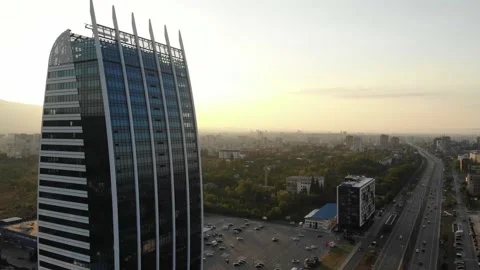 Sunset Drone Shot of Sofia, Bulgaria Urban Landscape, Capital Fort in Foregraund Stock Footage