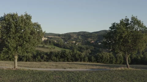Sunset, drone, trees, Tuscany hills, castle Stock Footage 204981580