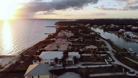 Sunset Drone View of Bahamia Gated Community and Coastal Homes, Freeport Stock Footage 103237307