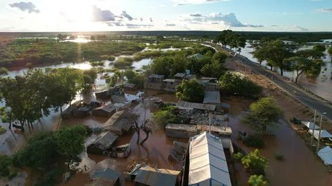 Sunset drone view of floods Stock Photos