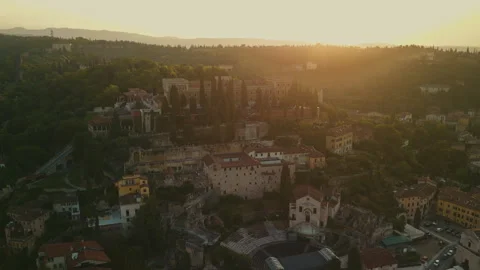 Sunset Drone View Over Roman Theatre and Verona Hillside Stock Footage 314460663
