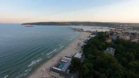 Sunset Drone View of Varna Bay, City, and Harbor, BG 2019 Stock Footage 323454585