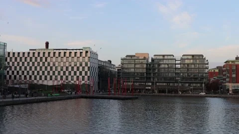 Sunset at Dublin office district, Docklands Stock Footage 234084899