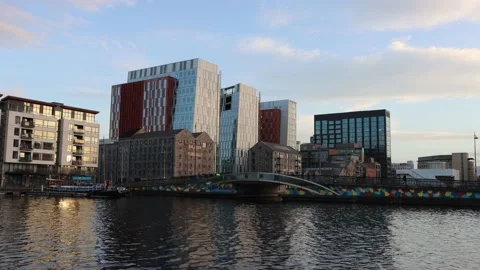Sunset at Dublin office district, Docklands Stock Footage 234085036