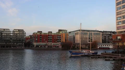 Sunset at Dublin office district, Docklands Stock Footage 234085199