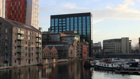 Sunset at Dublin office district, Docklands Stock Footage 234085331