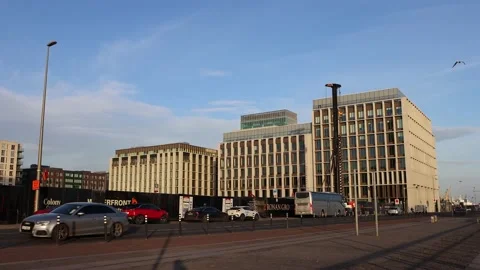 Sunset at Dublin office district, Docklands Stock Footage 234085652