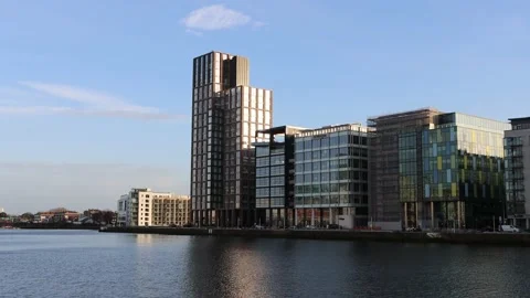 Sunset at Dublin office district, Docklands Stock Footage 234085877