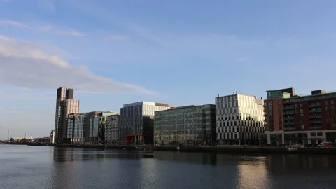Sunset at Dublin office district, Docklands Stock Footage 234086141