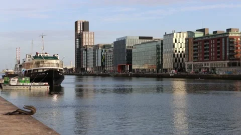 Sunset at Dublin office district, Docklands Stock Footage 234086715