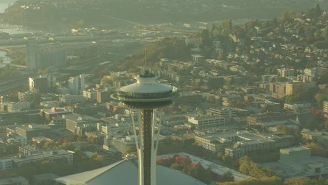 Sunset Dusk Aerial View of Seattle City Washington USA Shot on RED Video stock 99824022
