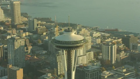 Sunset Dusk Aerial View of Seattle City Washington USA Shot on RED Video stock 99824088