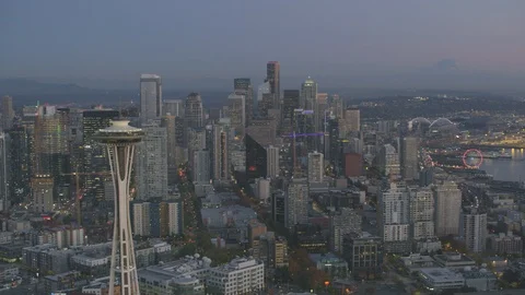 Sunset Dusk Aerial View of Seattle City Washington USA Shot on RED Video stock 99830908