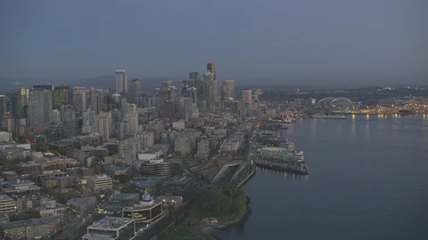 Sunset Dusk Aerial View of Seattle City Washington USA Shot on RED Video stock 99831033