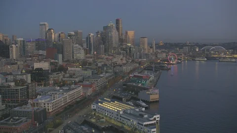 Sunset Dusk Aerial View of Seattle City Washington USA Shot on RED Video stock 99831056