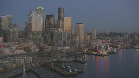 Sunset Dusk Aerial View of Seattle City Washington USA Shot on RED Video stock 99831081