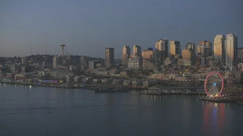 Sunset Dusk Aerial View of Seattle City Washington USA Shot on RED Video stock 99831156