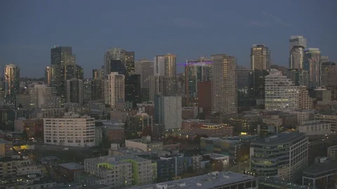 Sunset Dusk Aerial View of Seattle City Washington USA Shot on RED Video stock 99831275