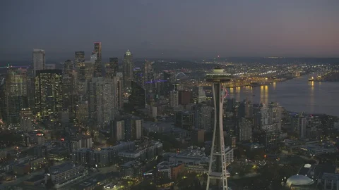 Sunset Dusk Aerial View of Seattle City Washington USA Shot on RED Video stock 99831358