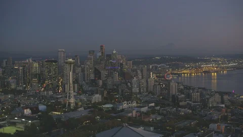 Sunset Dusk Aerial View of Seattle City Washington USA Shot on RED Video stock 99831435