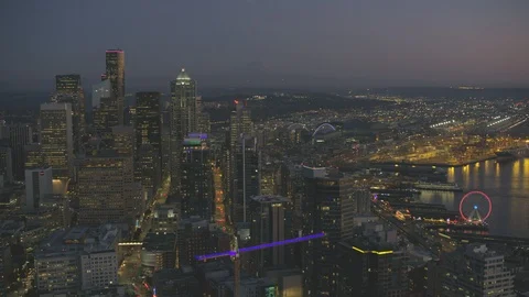 Sunset Dusk Aerial View of Seattle City Washington USA Shot on RED Video stock 99831488