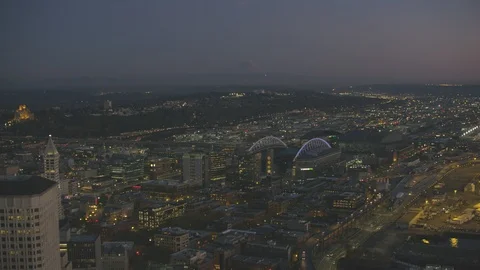 Sunset Dusk Aerial View of Seattle City Washington USA Shot on RED Video stock 99831545