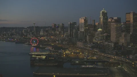 Sunset Dusk Aerial View of Seattle City Washington USA Shot on RED Video stock 99831734
