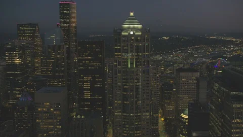 Sunset Dusk Aerial View of Seattle City Washington USA Shot on RED Video stock 99831958