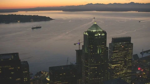 Sunset Dusk Aerial View of Seattle City Washington USA Shot on RED Video stock 99831965