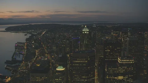 Sunset Dusk Aerial View of Seattle City Washington USA Shot on RED Video stock 99832063