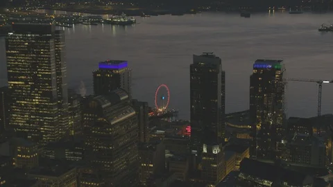 Sunset Dusk Aerial View of Seattle City Washington USA Shot on RED Video stock 99832065