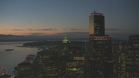 Sunset Dusk Aerial View of Seattle City Washington USA Shot on RED Video stock 99832122