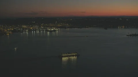 Sunset Dusk Aerial View of Seattle City Washington USA Shot on RED Video stock 99832246