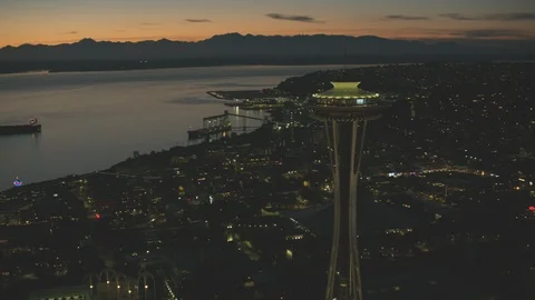 Sunset Dusk Aerial View of Seattle City Washington USA Shot on RED Video stock 99832477
