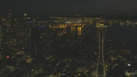 Sunset Dusk Aerial View of Seattle City Washington USA Shot on RED Video stock 99832609