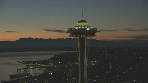 Sunset Dusk Aerial View of Seattle City Washington USA Shot on RED Video stock 99832776