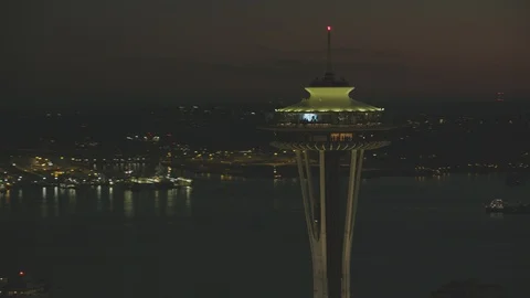 Sunset Dusk Aerial View of Seattle City Washington USA Shot on RED Video stock 99832814