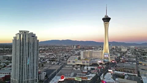 Sunset / Dusk behind Strat Hotel - Aerial View Stock Footage 241870604