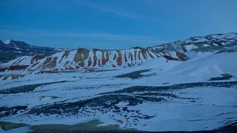 Sunset dusk blue hour and the painted hills covered in snow in winter Stock Footage 81901549