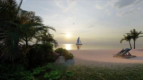 Sunset dusk epic relaxing clouds exotic ocean palm beach with sailboat Stock Footage 155019719